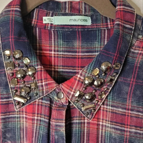 MAURICES Wmns XL Rustic red plaid jeweled collar Snap Shirt Western Rodeo - Picture 2 of 10